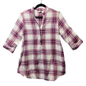 Mudd Plaid Tunic Top Women's L Purple 3/4 Sleeve‎ Roll Tab Back Tie Cotton